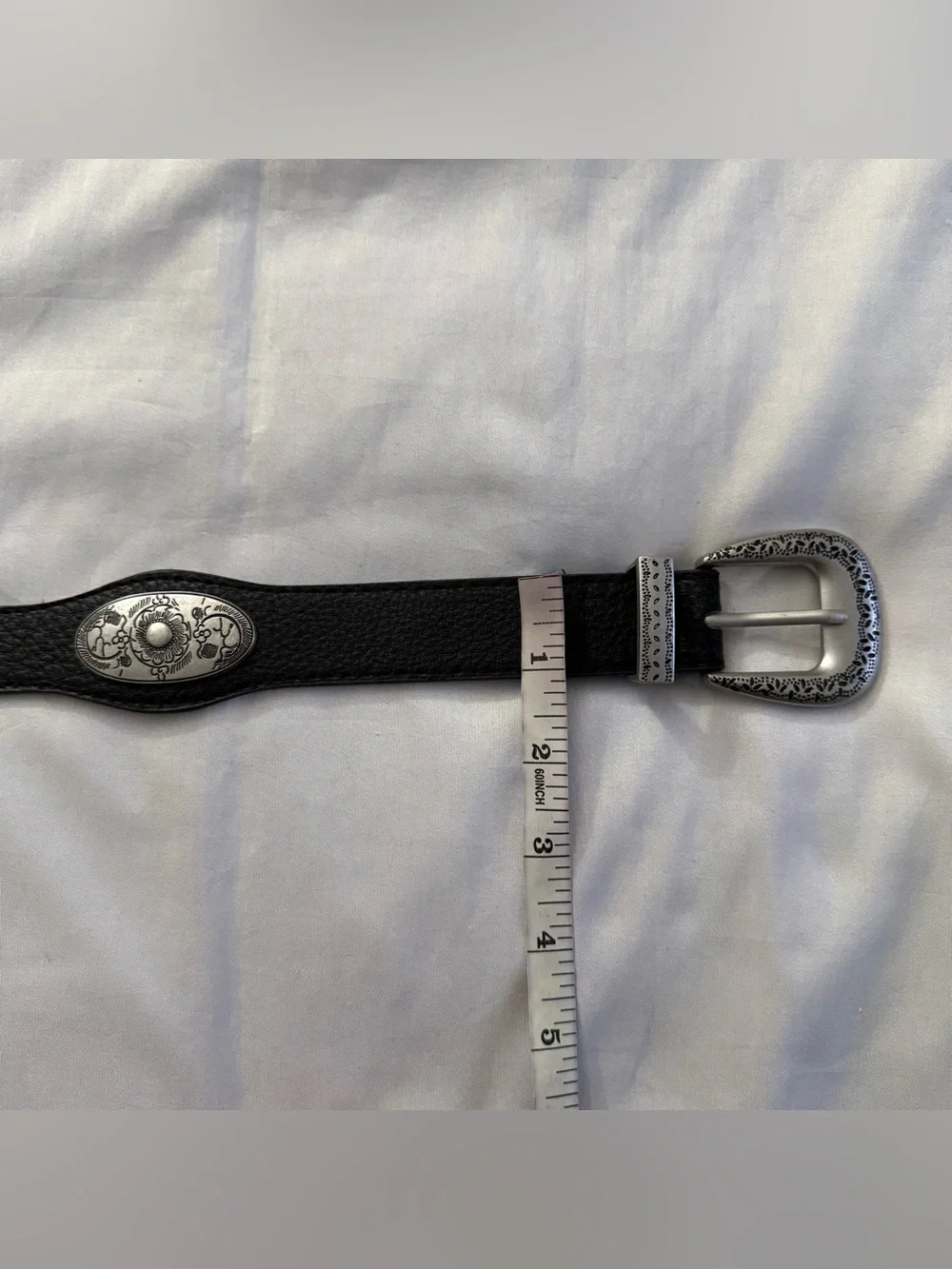 Black PU leather old silver tone buckle with concho details